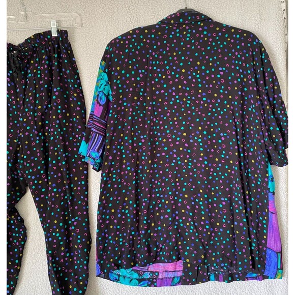VTG 90s L.Lawrence 100% Rayon 2 Piece Set Suit Wide Leg Pants Blouse 2X Multi - Picture 7 of 12